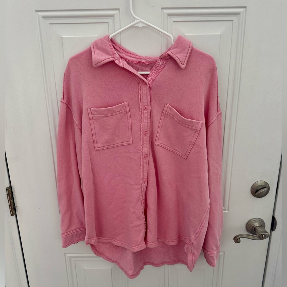 Aerie Pink Button Down French Terry Oversized Collared Sweatshirt Size XS